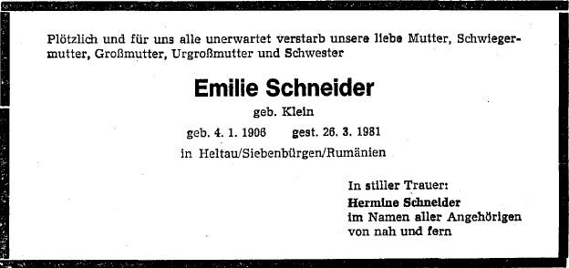 Klein Emilie 1906-1981 Todesanzeige